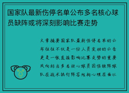 国家队最新伤停名单公布多名核心球员缺阵或将深刻影响比赛走势