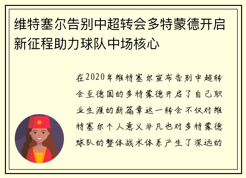 维特塞尔告别中超转会多特蒙德开启新征程助力球队中场核心